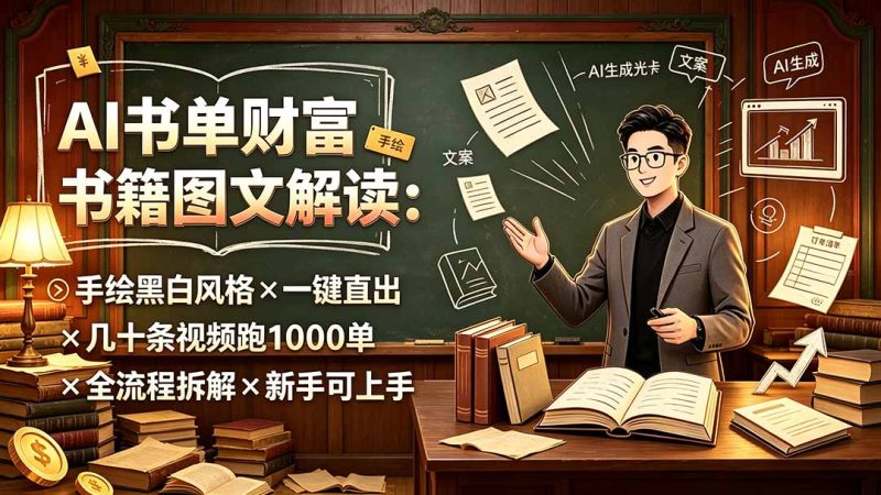 AI书单财富书籍图文解读:手绘黑白风格×一键直出×几十条视频跑1000单×全流程拆解×新手可上手-创业资源网 | 精品设计与工具分享平台