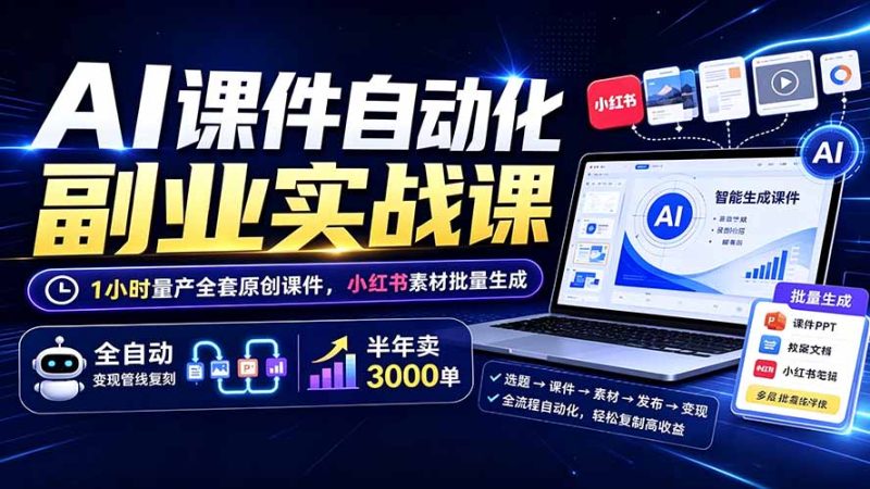 AI课件自动化副业实战课:1小时量产全套原创课件×小红书素材批量生成×全自动变现管线×半年卖3000单-创业资源网 | 精品设计与工具分享平台