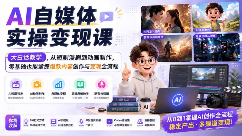 AI自媒体实操变现课｜大白话教学，从短剧漫剧到动画制作，零基础也能掌握爆款内容创作与变现全流程-创业资源网 | 精品设计与工具分享平台