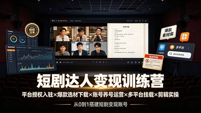 短剧达人变现训练营:平台授权入驻×爆款选材下载×账号养号运营×多平台挂载×剪辑实操×违规处理全流程-创业资源网 | 精品设计与工具分享平台