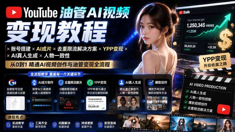 YouTube油管AI视频变现教程-更新:账号搭建×AI成片×去重限流解决方案×YPP变现×AI真人生成×人物一致性-创业资源网 | 精品设计与工具分享平台