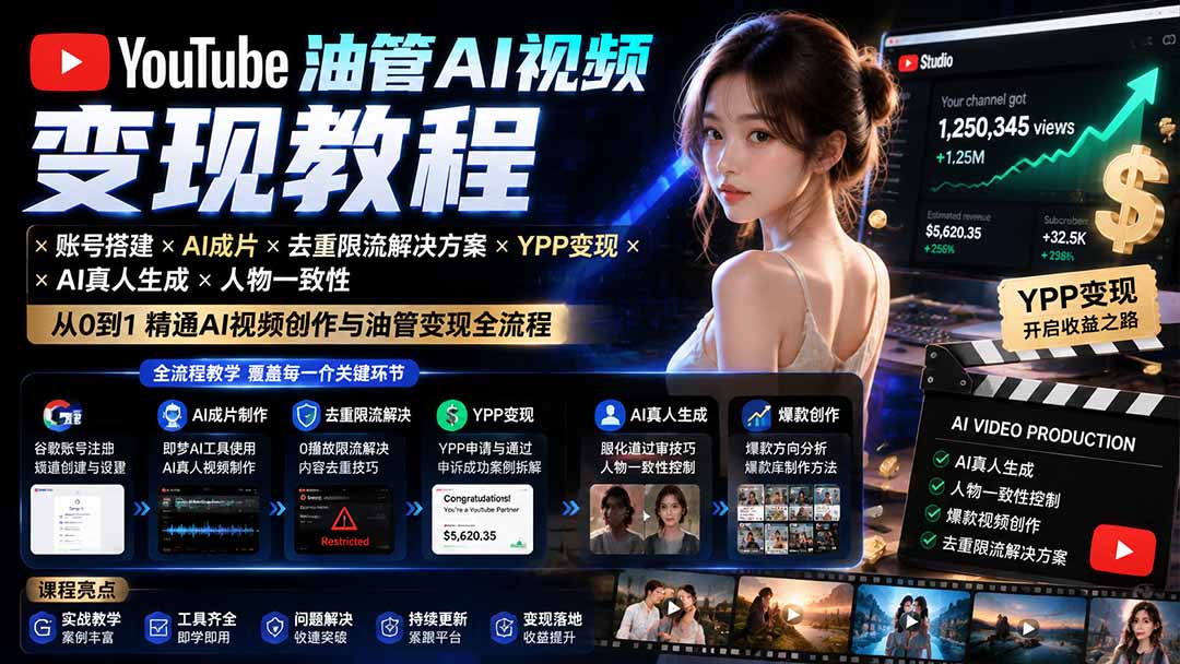 图片[1]-YouTube油管AI视频变现教程-更新：账号搭建×AI成片×去重限流解决方案×YPP变现×AI真人生成×人物一致性-阿兴说钱