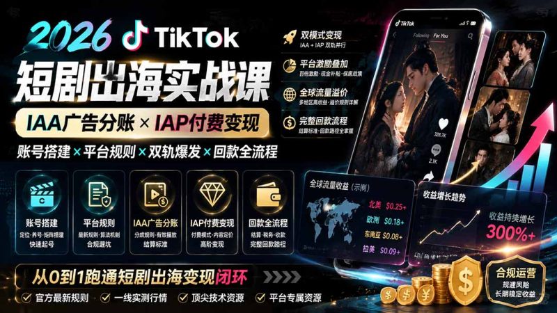 2026TikTok短剧出海实战课:IAA广告分账×IAP付费变现×账号搭建×平台规则×双轨爆发×回款全流程-创业资源网 | 精品设计与工具分享平台