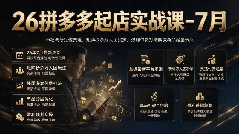 26拼多多起店实战课-7月|市场调研定位赛道,矩阵秒杀万人团实操,强弱付费打法解决新品起量卡点-创业资源网 | 精品设计与工具分享平台