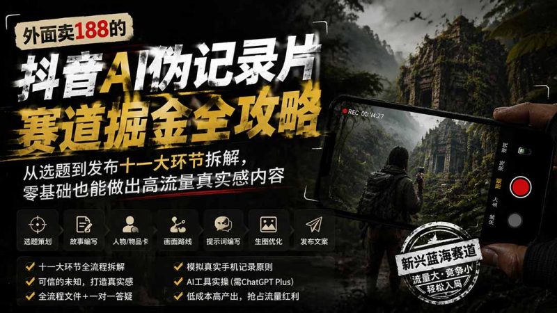 外面卖188的抖音AI伪记录片赛道掘金全攻略-更新;从选题到发布十一大环节拆解,零基础也能做出高流量真实感内容-创业资源网 | 精品设计与工具分享平台