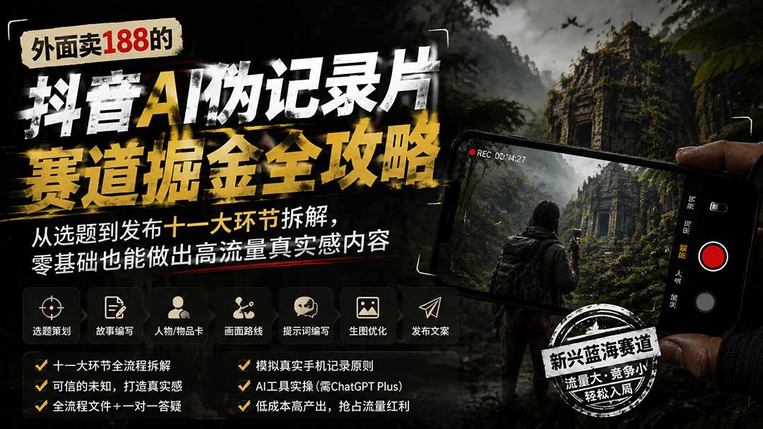 图片[1]-外面卖188的抖音AI伪记录片赛道掘金全攻略-更新；从选题到发布十一大环节拆解，零基础也能做出高流量真实感内容-阿兴说钱