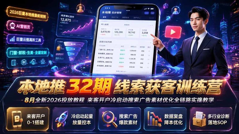 本地推32期线索获客训练营|8月全新2026投放教程,来客开户冷启动搜索广告素材优化全链路实操教学-创业资源网 | 精品设计与工具分享平台