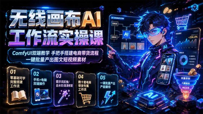 无线画布AI工作流实操课|ComfyUI双端教学,手把手搭建电商带货流程,一键批量产出图文短视频素材-创业资源网 | 精品设计与工具分享平台