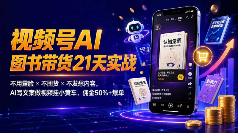 繁花视频号AI图书带货21天实战:不用露脸×不囤货×不发愁内容,AI写文案做视频挂小黄车,佣金50%+爆单-创业资源网 | 精品设计与工具分享平台