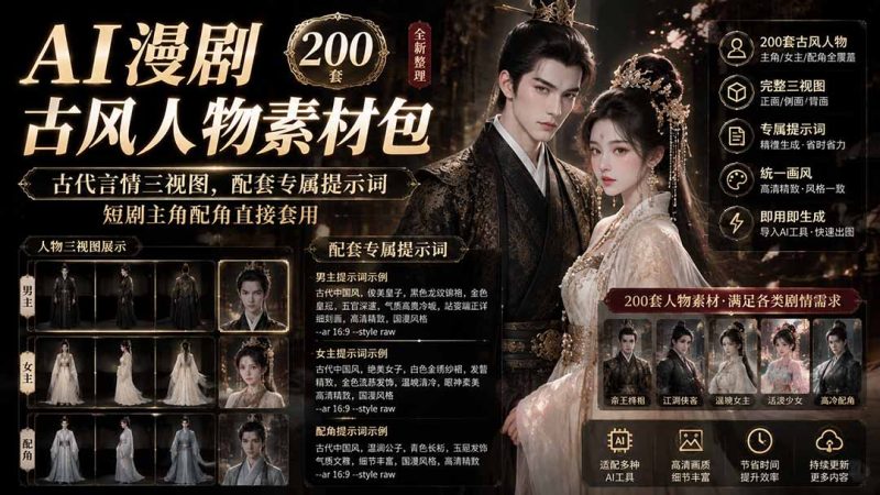 AI漫剧古风人物素材包+提示词｜200 套古代言情三视图，配套专属提示词短剧主角配角直接套用-创业资源网 | 精品设计与工具分享平台