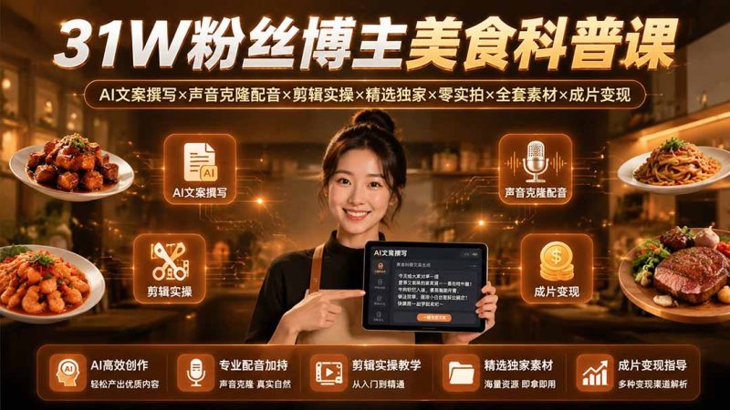 31W粉丝博主美食科普课:AI文案撰写×声音克隆配音×剪辑实操×精选独家×零实拍×全套素材×成片变现-创业资源网 | 精品设计与工具分享平台