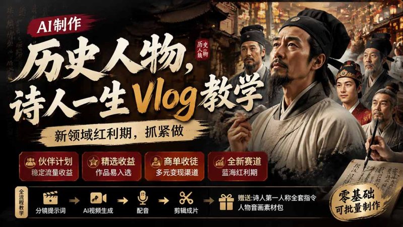 历史人物,诗人一生Vlog教学, AI制作丨伙伴计划丨精选收益丨商单收徒 ,新领域红利期,抓紧做-创业资源网 | 精品设计与工具分享平台