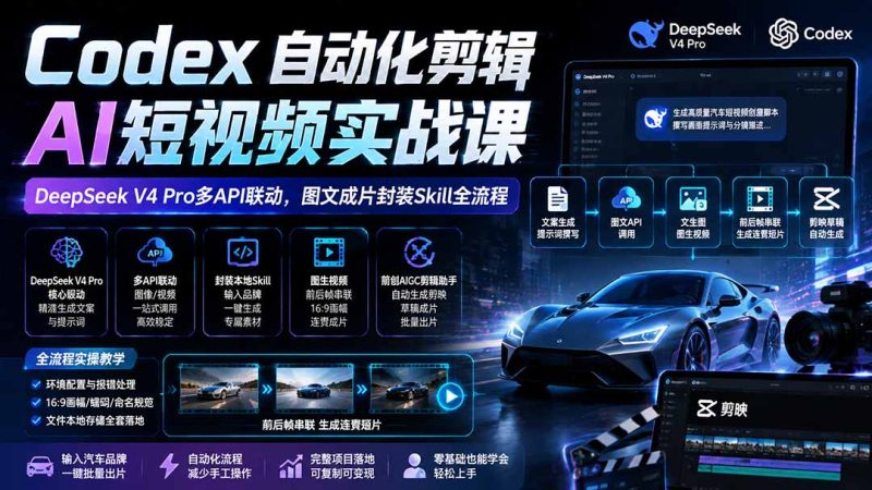 Codex自动化剪辑AI短视频实战课|DeepSeek V4 Pro多API联动,图文成片封装Skill全流程-创业资源网 | 精品设计与工具分享平台