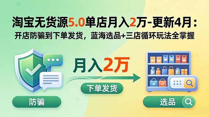 淘宝无货源5.0单店月入2万-更新2026：开店防骗到下单发货，蓝海选品+三店循环玩法全掌握-创业资源网 | 精品设计与工具分享平台