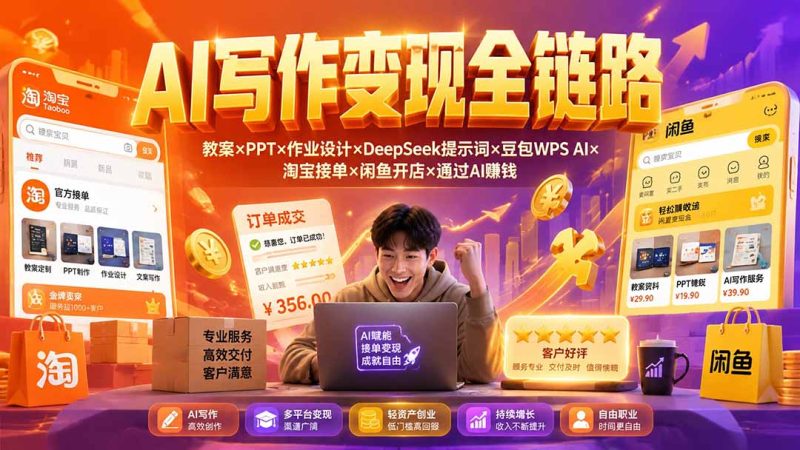 2026AI写作变现全链路:教案×PPT×作业设计×DeepSeek提示词×豆包WPS AI×淘宝接单×闲鱼开店×通过AI賺钱-创业资源网 | 精品设计与工具分享平台