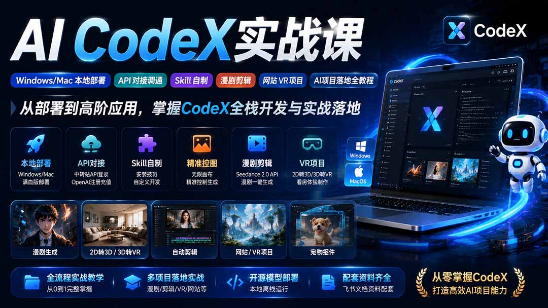 AI CodeX实战课|Windows/Mac 本地部署|API 对接调通|Skill 自制|漫剧剪辑|网站 VR 项目|AI项目落地全教程 AI CodeX实战课|Windows/Mac 本地部署|API 对接调通|Skill 自制|漫剧剪辑|网站 VR 项目|AI项目落地全教程