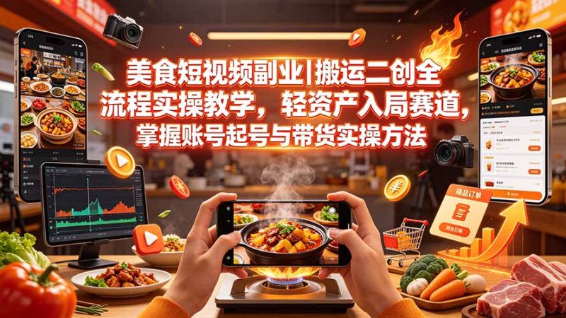 美食短视频副业｜搬运二创全流程实操教学，轻资产入局赛道，掌握账号起号与带货实操方法-创业资源网 | 精品设计与工具分享平台