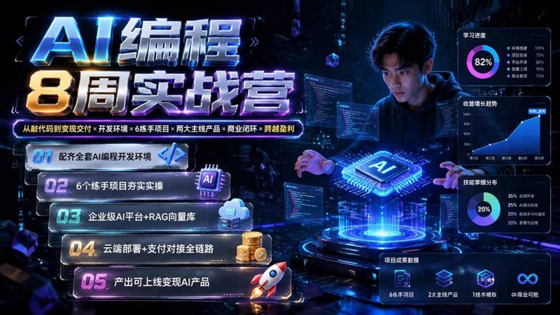 AI编程8周实战营:从敲代码到变现交付×开发环境×6练手项目×两大主线产品×商业闭环×跨越盈利-创业资源网 | 精品设计与工具分享平台
