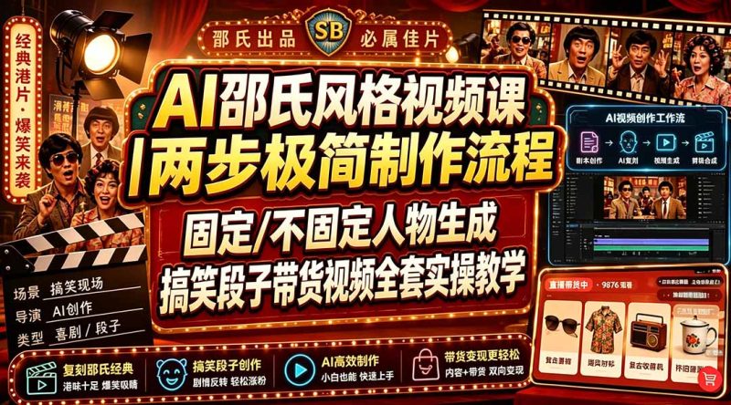 AI邵氏风格视频课|两步极简制作流程,固定/不固定人物生成,搞笑段子带货视频全套实操教学-创业资源网 | 精品设计与工具分享平台