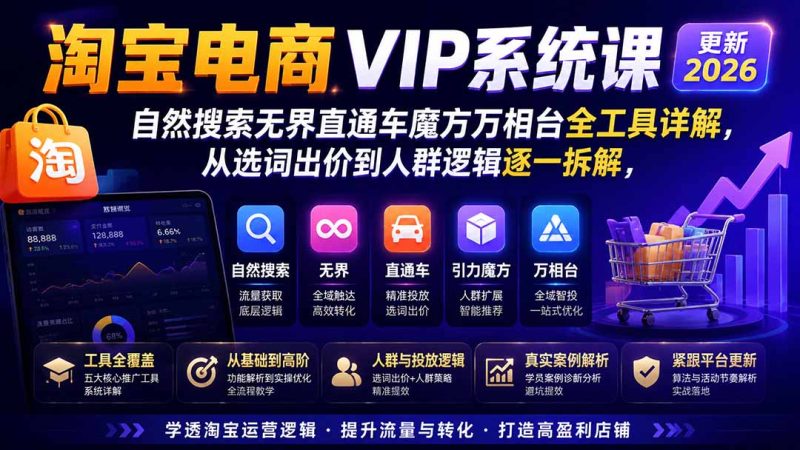 淘宝电商VIP系统课-更新8月;自然搜索无界直通车魔方万相台全工具详解,从选词出价到人群逻辑逐一拆解-创业资源网 | 精品设计与工具分享平台