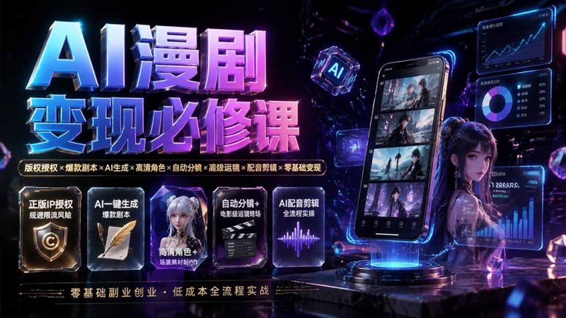 AI漫剧变现必修课:版权授权×爆款剧本×AI生成×高清角色×自动分镜×高级运镜×配音剪辑×零基础变现-创业资源网 | 精品设计与工具分享平台