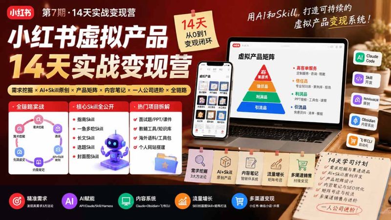 小红书虚拟产品14天实战变现营-第7期:需求挖掘×AI+Skill原创×产品矩阵×内容笔记×一人公司进阶×全链路-创业资源网 | 精品设计与工具分享平台