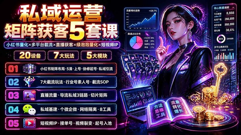 私域运营矩阵获客5套课:小红书量化×多平台截流×直播获客×绿泡泡量化×短视频IP×20设备×7大玩法-创业资源网 | 精品设计与工具分享平台