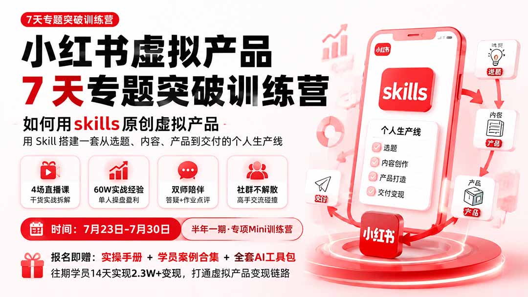 小红书虚拟产品7天专题突破训练营,如何用skills原创虚拟产品,用Skil搭建一套从选题、内容、产品到交付的个人生产线 小红书虚拟产品7天专题突破训练营,如何用skills原创虚拟产品,用Skil搭建一套从选题、内容、产品到交付的个人生产线