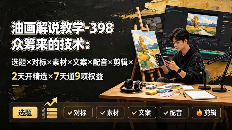 油画解说教学-398众筹来的技术-刯新:选题×对标×素材×文案×配音×剪辑×2天开精选×7天通9项权益-创业资源网 | 精品设计与工具分享平台